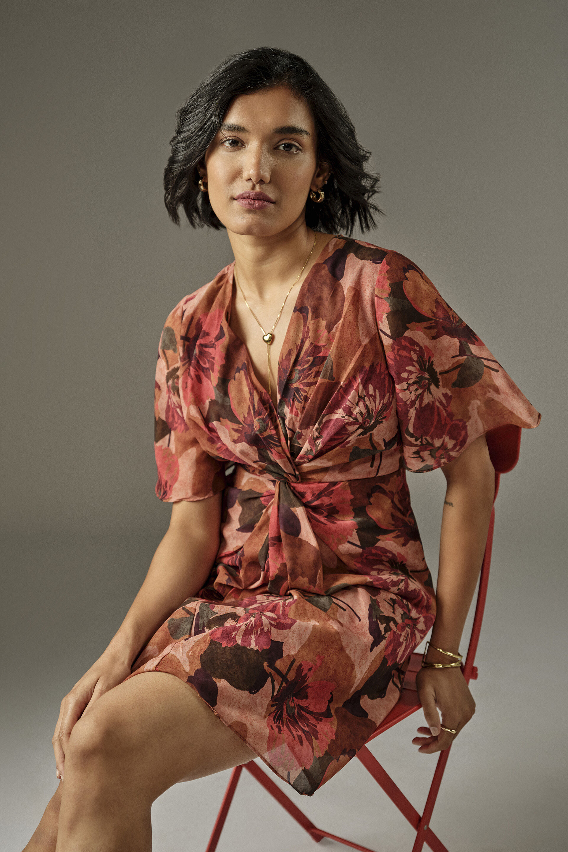 Twist Detail Floral Mini Dress in Orange, Orange, image 5